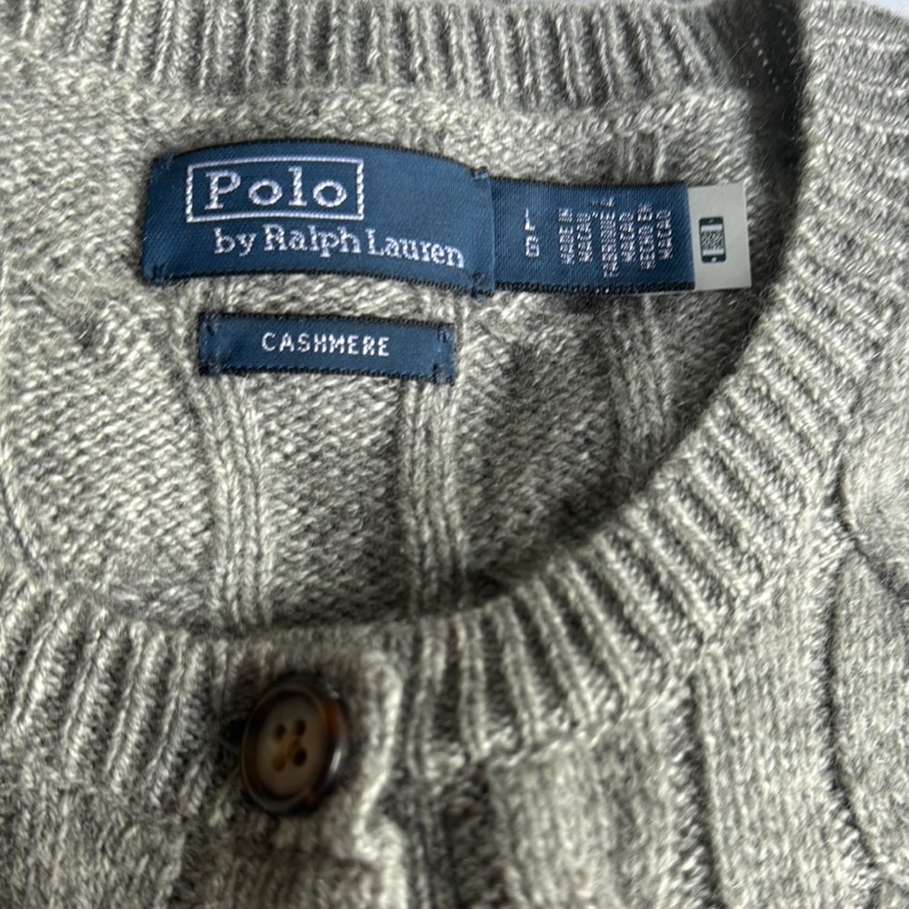 Polo Ralph Lauren Grey CASHMERE (L)Cable-Knit SFA Crewneck Cardigan -Like New - Picture 7 of 14